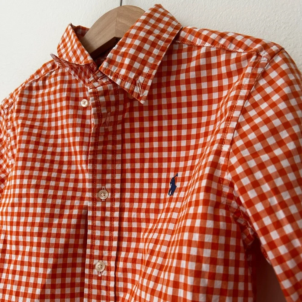 Ralph Lauren Orange Boys 6 Gingham Orange Checkered Kids Button Down Shirt